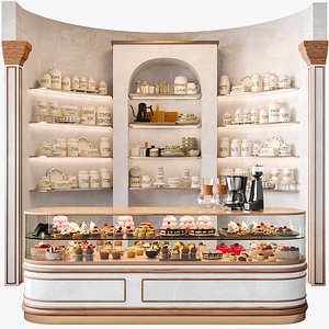 Large coffee shop - pastry shop with a rack and display case with desserts 3D model