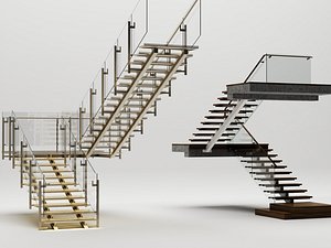 Modern Floating Stairs Glass Railing Architectural Pack PBR