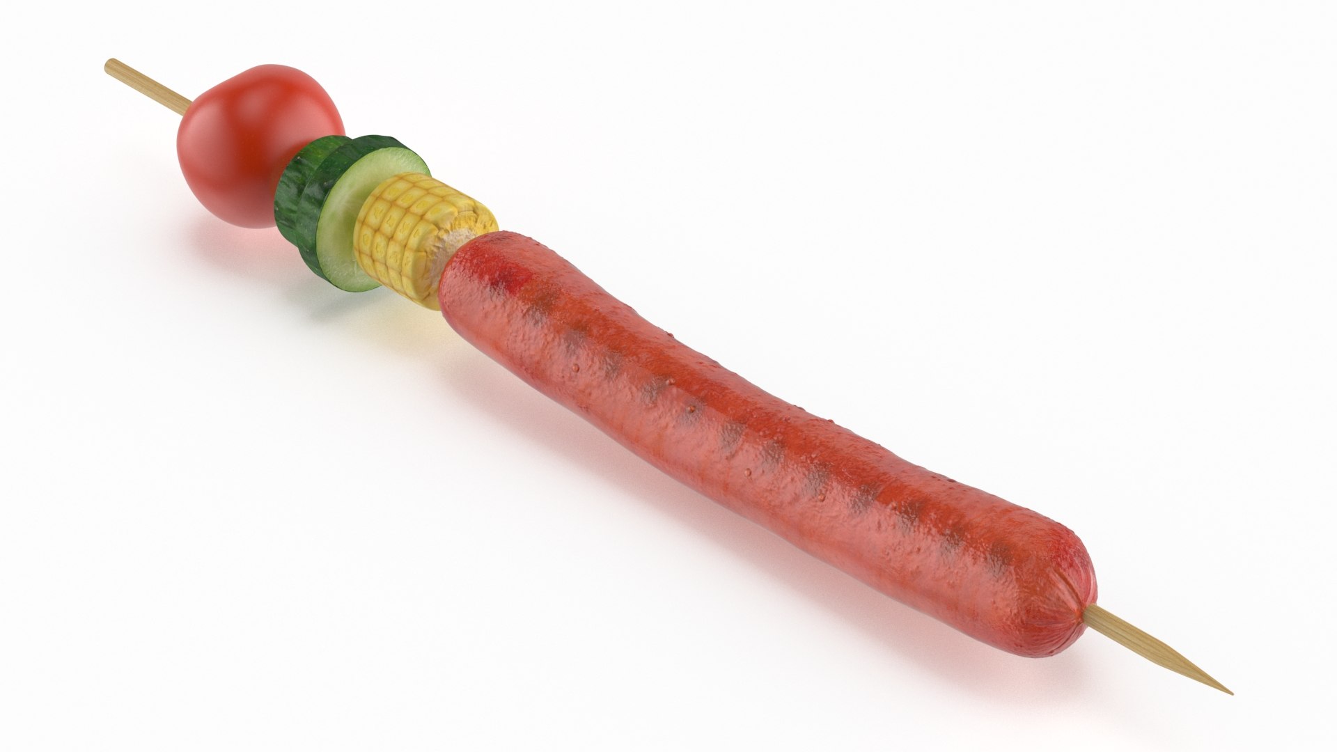 Sausage with Vegetables on Wooden Skewer 3D model preview