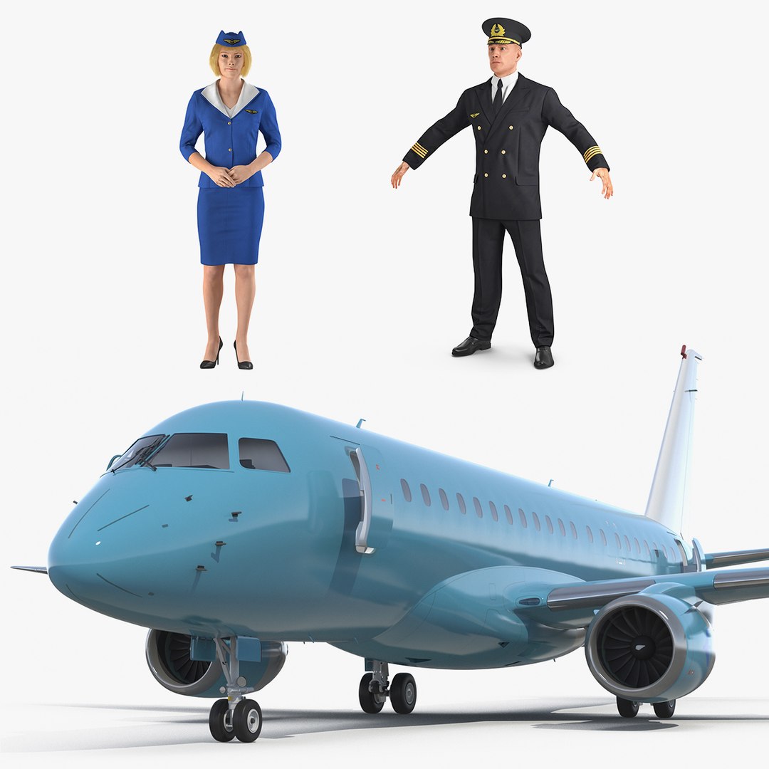 Commercial Airliner with Pilot and Stewardess Collection 3D model preview