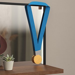 Gold Sports Medal with Blue Ribbon 3D model