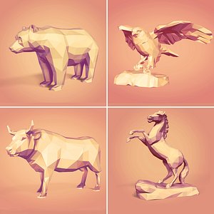 Polygonal Animal Statues -- Bear - Eagle - Bull - Horse