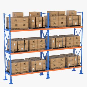 3D Metal Shelf Pallet Rack And Cardboard Boxes