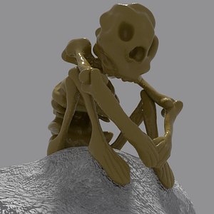 3D A small skeleton sits on a stone skull