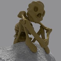 A small skeleton sits on a stone skull