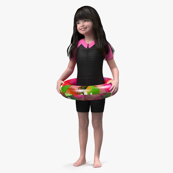 3D Chinese Child Girl in Swimsuit Stands with Inflatable Circle