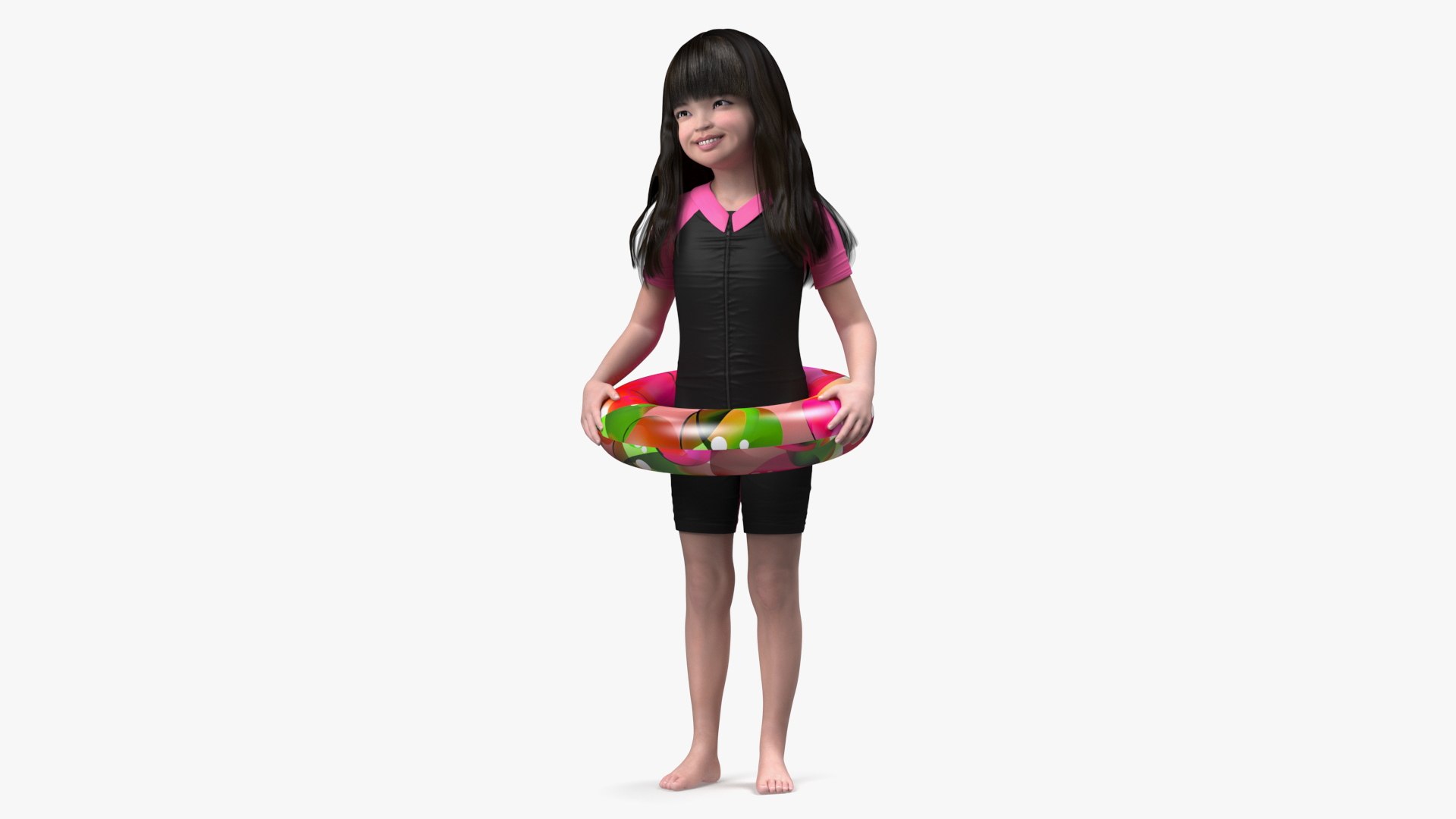 Chinese Child Girl in Swimsuit Stands with Inflatable Circle 3D model preview