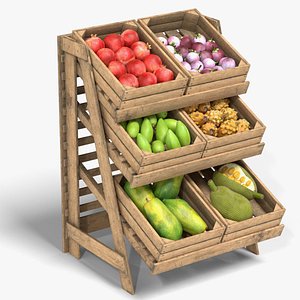 Fruits Large Wooden Rack and Crate with Fruits v2 3D model