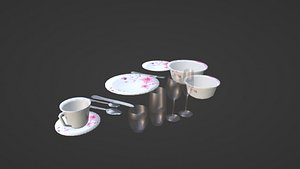 3D Pink Flower Dining Set Low Poly model