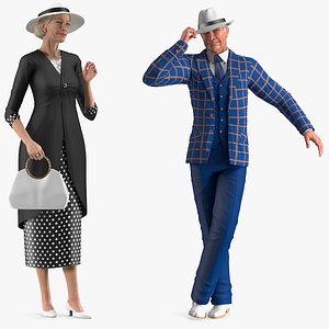 3D Rigged Elderly Woman with Man Wearing Party Dress Collection for Maya