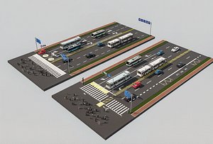 Modern City Street Scene Crosswalk Traffic Lights Road Signs Vehicles Crowd Motion Blur Car Flow Lin 3D