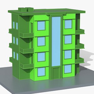 Low Poly Apartment Building with Balconies Green