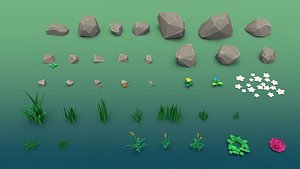 Stones grass flowers and mushrooms