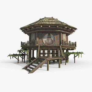 Circular thatched houses in ancient Asian architecture 3D