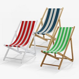A Collection of 3 folding wooden beach chairs wit colorful striped seat