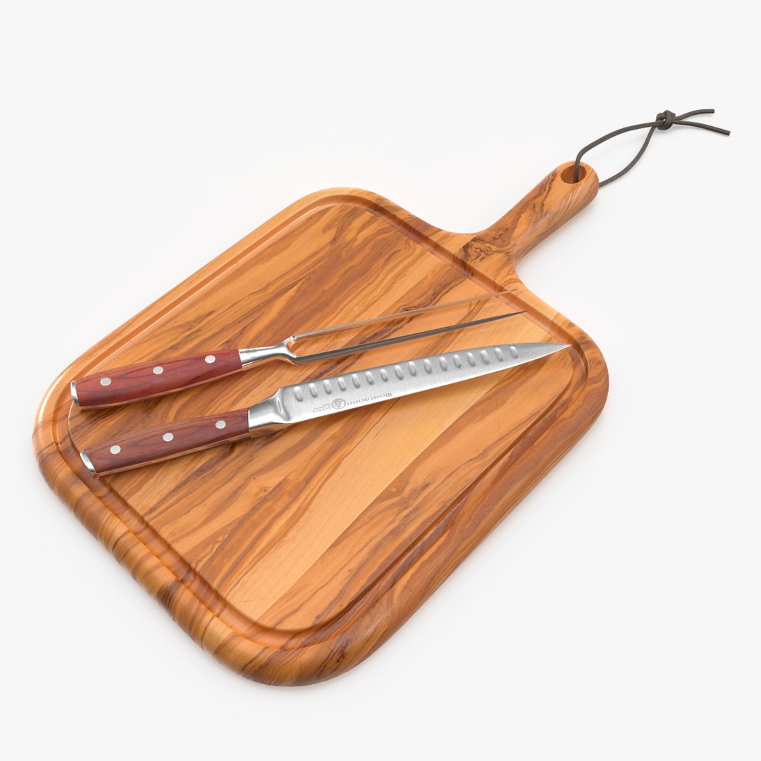 Carving Knife and Fork Set on Steak Serving Board 3D model preview