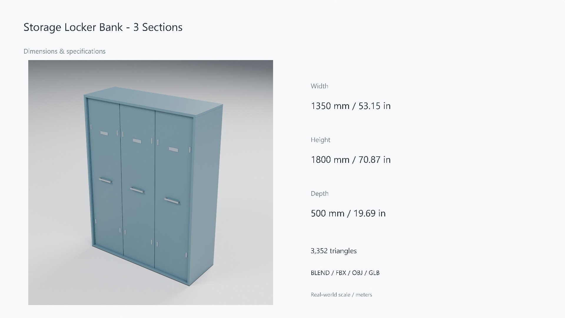 3D Painted Steel Storage Locker Bank - 1350 x 500 x 1800 mm model https://p.turbosquid.com/ts-thumb/uZ/Q31MWj/om/07_dimensions/jpg/1788950750/1920x1080/fit_q87/16d485f158f9e0098ed04de94c1b7df5babc9522/07_dimensions.jpg