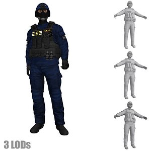 SWAT Soldier 3 LOD's Rigged