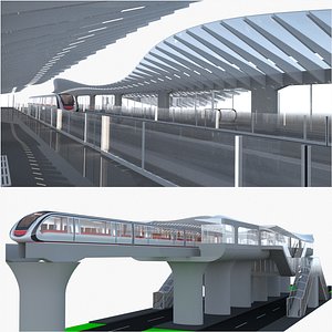 Monorail station with train 3D model