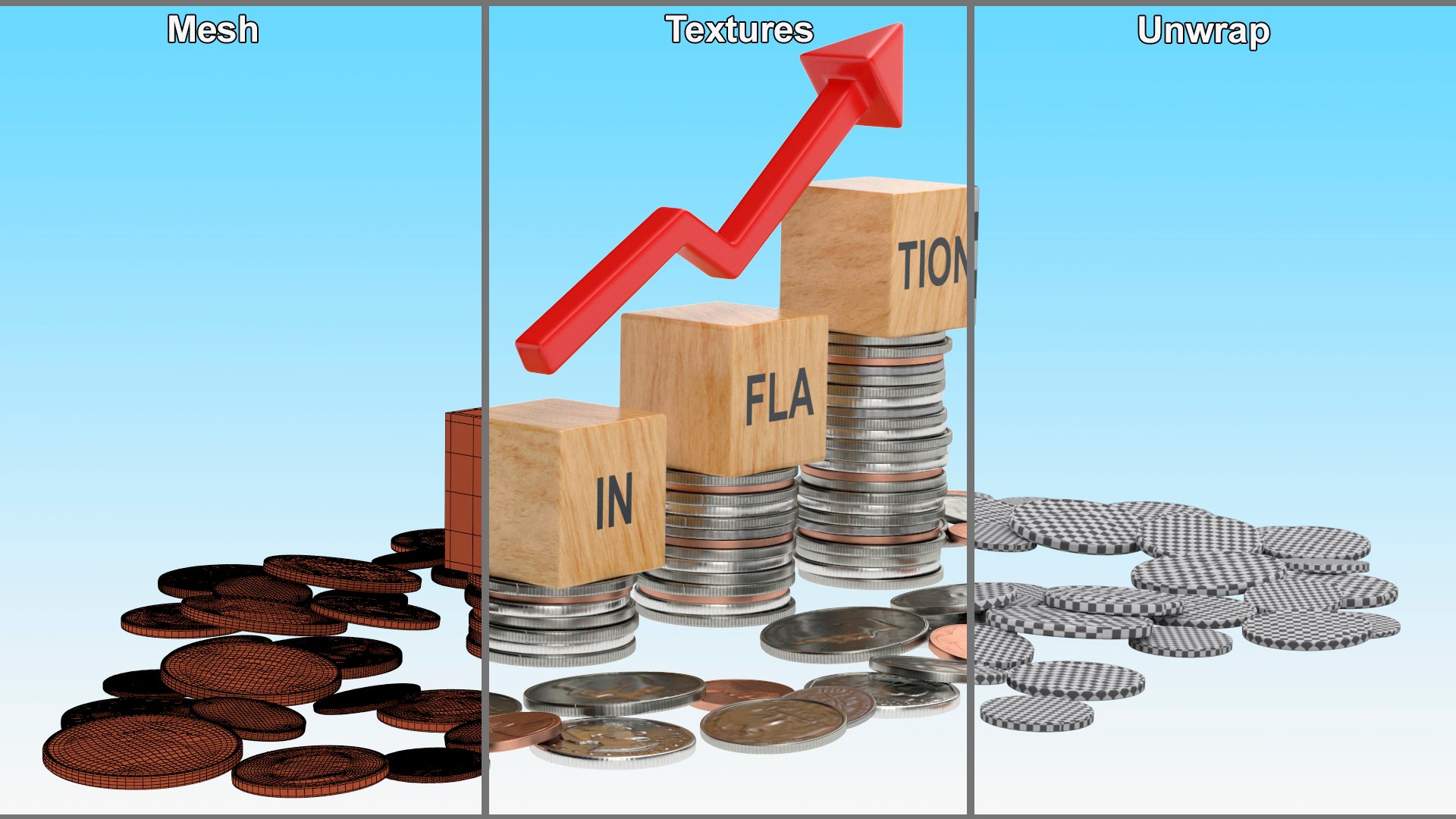 Inflation Arrow Graph With Coins Model - TurboSquid 2277675