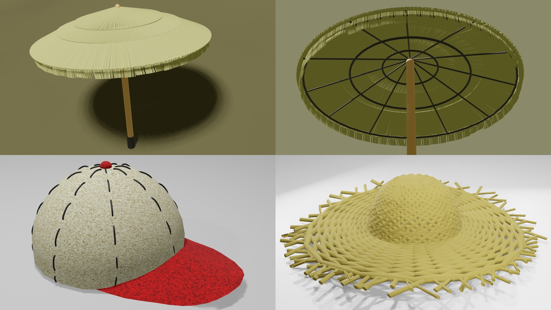 3D 3xPack Straw Hat Summer Cap and Thatch Umbrella https://p.turbosquid.com/ts-thumb/ub/hIYjcD/cl/cuh/jpg/1765097717/1920x1080/fit_q87/6235cbf6f8058b0e6db48a0cb4e110a0f842a7b4/cuh.jpg
