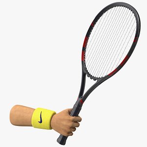 3D Man Hand with Nike Swoosh Wristband Holds Tennis Racquet Rigged for Maya