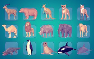 Polygonal LowPoly Cartoon Animal Pack - Lion Tiger Elephant Deer Bear Fox Whale Crocodile - Statue