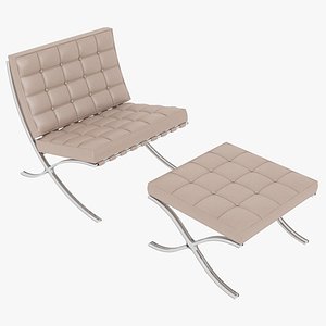 3D Knoll Beige Leather Barcelona Chair and Stool Ottoman Set model