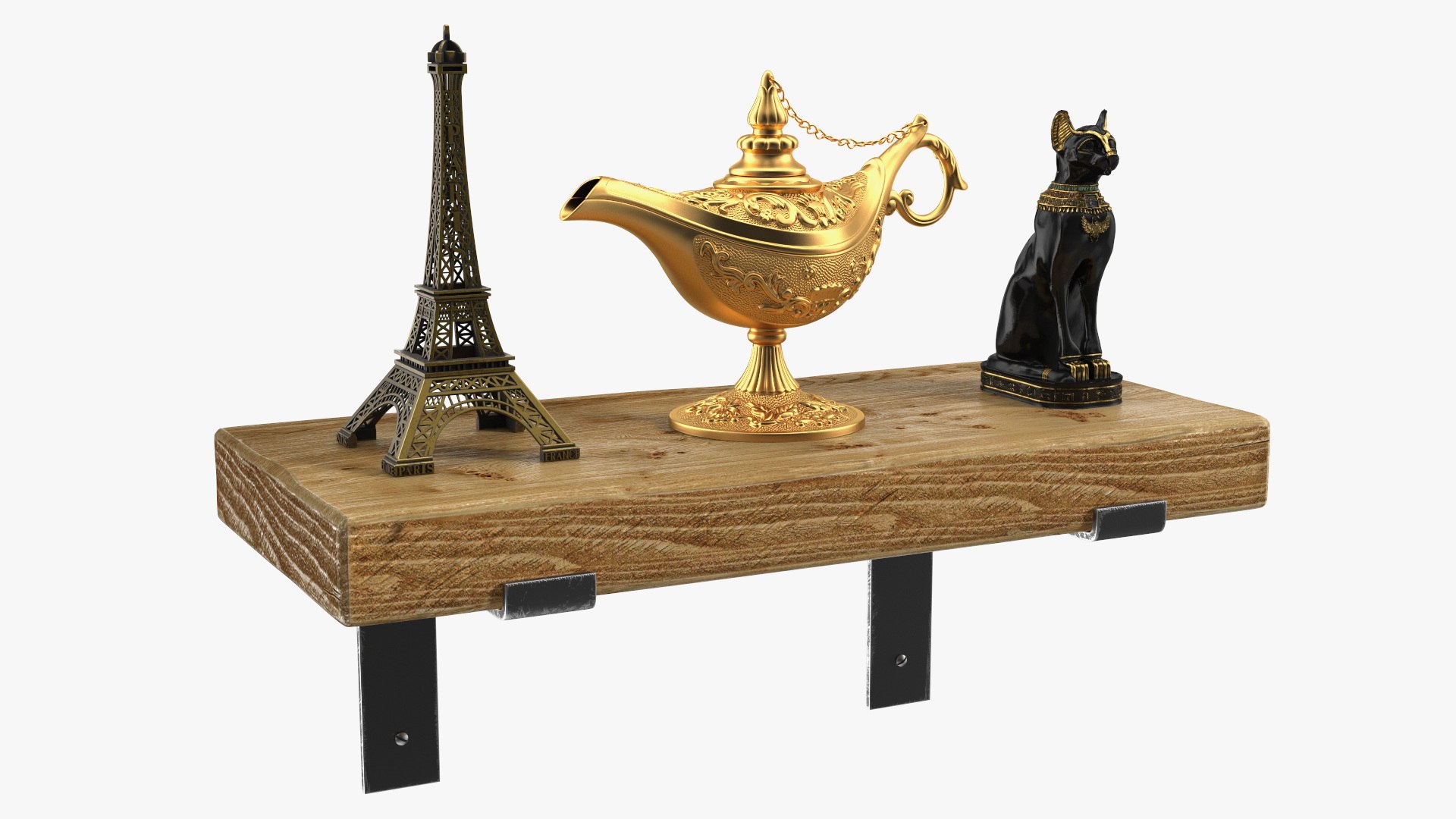 Wooden Wall Shelf with Cultural Souvenirs 3D model preview