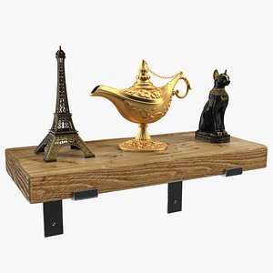 Wooden Wall Shelf with Cultural Souvenirs 3D model