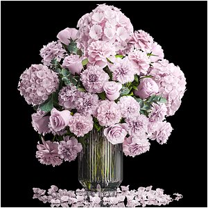 Solemn bouquet of pink flowers vase roses peonies hydrangea 333 3D model