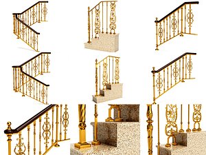 Luxurious gold-plated wrought iron staircase handrail 3D