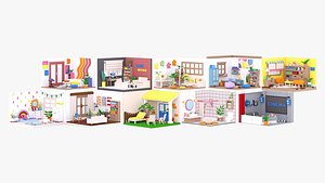 3D 10 Lowpoly Rooms Version 2 Interiors Collection 500 plus unique Object Assets model