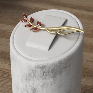 3D Gold Brooch with Gemstones on Stand