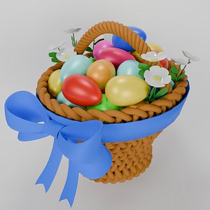 Easter basket full of Easter eggs and spring flowers 3D model