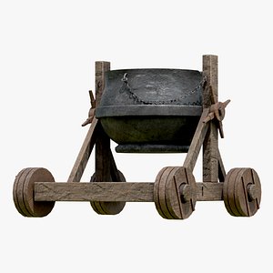 3D Medieval Wooden Mortar Cart with Iron Bowl model