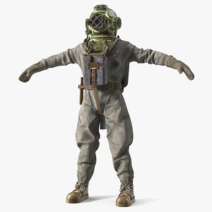 3D model Vintage Diving Dress with Air Tank T Pose Used Dark Green