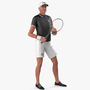 3D Elderly Tennis Player with Racket and Ball Rigged for Maya