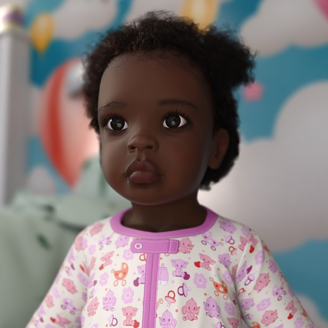 Black Baby Girl Wearing Full Bodysuit A-Pose Fur 3D model preview