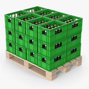 3D Crates With Beer Bottles On Wood Pallet model