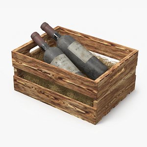 3D Rustic Wine Case with Two Old Bottle Bordeaux and Hay