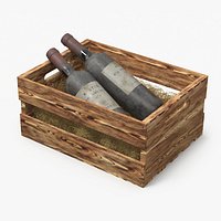 Rustic Wine Case with Two Old Bottle Bordeaux and Hay