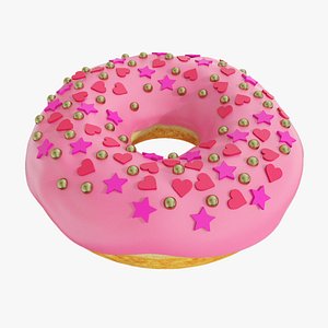3D Pink glazed donut with stars and hearts 2