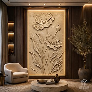 Modern Floral Poppy Decor Bas Relief Mural STL CNC 48 3D