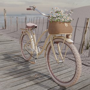 Beach cruiser bicycle with daisy basket and beach scene