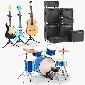 3D Detailed Musical Instrument Guitars With Amplifier And Drums Kit