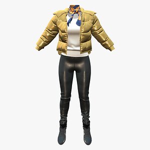 Metallic Padded Jacket Top Pants Boots Neck Tie Outfit 3D