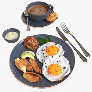 Breakfast with fried egg potatoes and coffee 3D model
