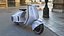 Futuristischer blauer Elektroroller Vespa 98 mit eingeschaltetem Licht
