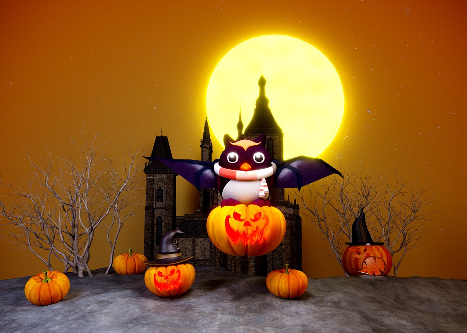 3D 1Halloween Cartoon Halloween Owl Pumpkin Face Deadwood Wizard Hat ...